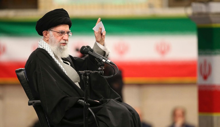 In this photo released by the official website of the office of the Iranian supreme leader, Supreme Leader Ayatollah Ali Khamenei speaks in a meeting in Tehran, Iran, Feb. 5, 2020. Khamenei said Wednesday that Donald Trump's Mideast plan will not outlive the president.