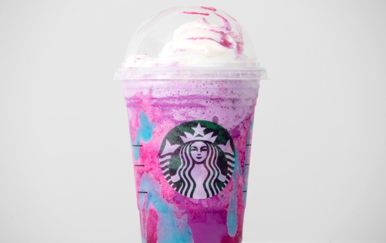 A Starbucks Unicorn Frappuccino limited time drink from 2017, one of its many Instagrammable beverages.