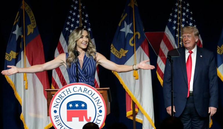 Former President Donald Trump, right, listens as his daughter-in-law Lara Trump speaks at the North Carolina Republican Convention Saturday, June 5, 2021, in Greenville, N.C.