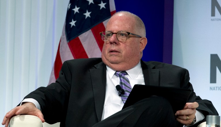 Maryland Governor Larry Hogan speaks during the National Governor Association 2019 winter meeting in Washington, Saturday, Feb. 23, 2019.