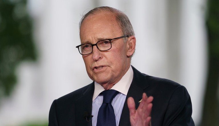 President Donald Trump's top economist, Larry Kudlow, talks about the economy, trade, and U.S. efforts to work with China on containing the spread of the coronavirus infection, during a tv news interview at the White House in Washington, Friday, Feb. 7, 2020.