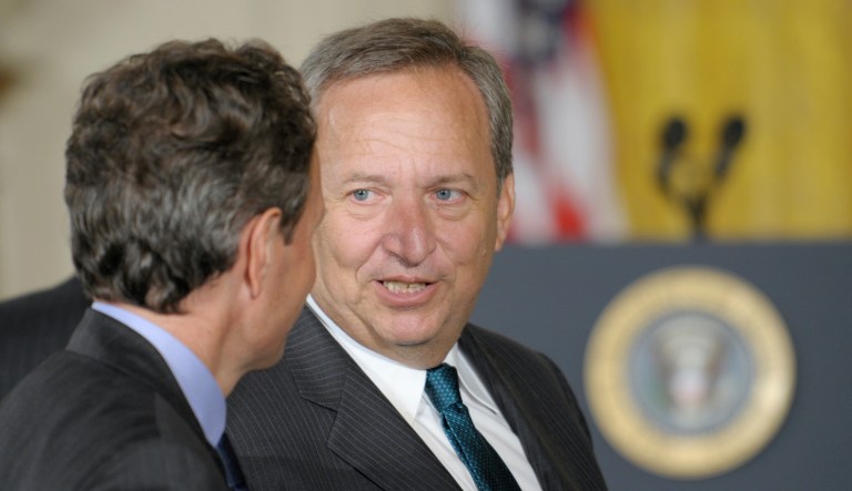 National Economic Council Director Lawrence Summers, right, talks with Treasury Secretary Timothy Geithner, left, before the start of an event with President Barack Obama announcing that White Hose Chief of Staff Rahm Emanuel is stepping down to run for Mayor of Chicago, Friday, Oct. 1, 2010,  in the East Room of the White House in Washington. 