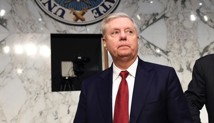 U.S. Senator Lindsey Graham, speaks during a press conference at the Resolute Support headquarters in Kabul, Afghanistan, Monday, Dec. 16, 2019.