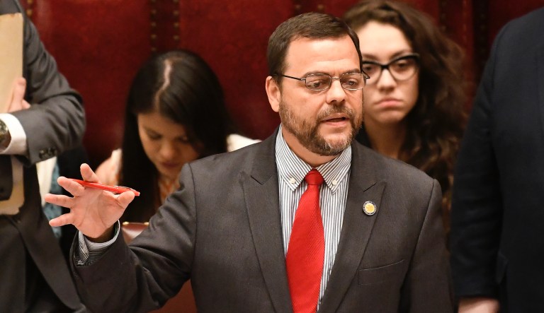 Sen. Luis R. SepÃºlveda, D-Bronx, speaks in favor of legislation of the Green Light Bill granting undocumented Immigrant drivers licenses during a Senate Session in the Senate Chamber at the state Capitol Monday, June 17, 2019, in Albany, N.Y.