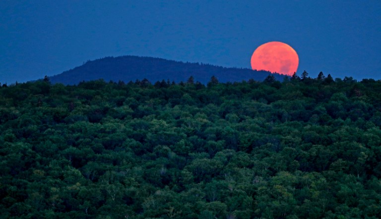 FILE - In this Aug. 7, 2017 file photo, the full moon sets behind Hunt Mountain on a privately owned tract of land surrounded by land that now comprises the Katahdin Woods and Waters National Monument near Patten, Maine.