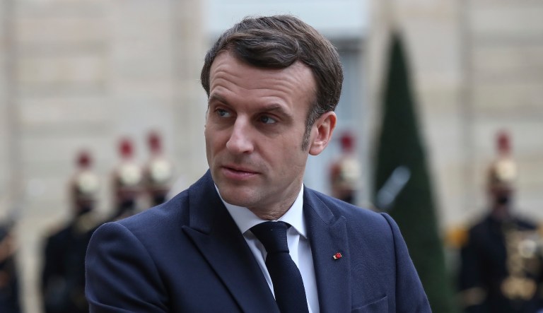 France's President Emmanuel Macron talks to the media with Moldova's President Maia Sandu prior to a working lunch at the Elysee Palace in Paris.