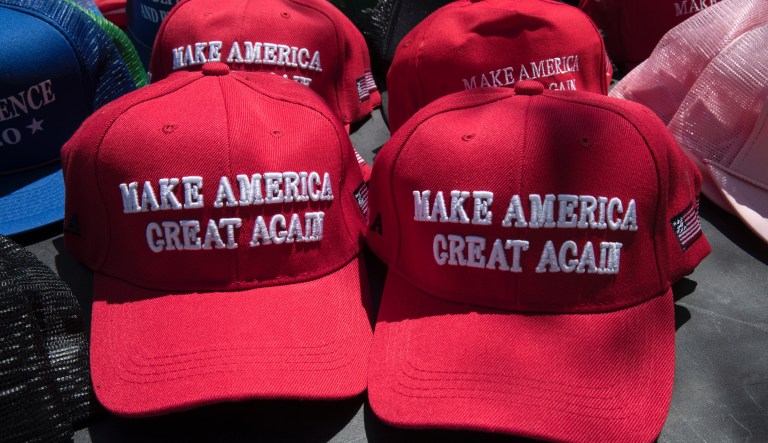 Make America Great Again hats ahead of a President Donald Trump campaign rally in Montoursville, Pa., Monday, May 20, 2019.