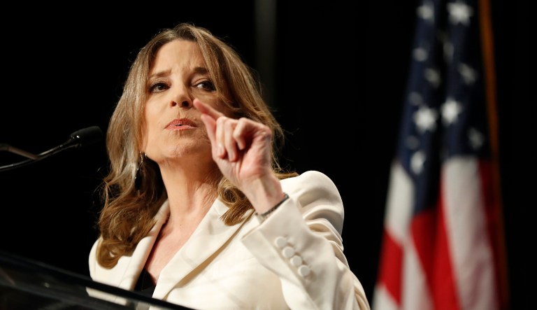 Democratic presidential candidate author Marianne Williamson addresses her audience during an election stop at the Next Millennium Books & Gifts store in Omaha, Neb., Tuesday, Nov. 19, 2019.