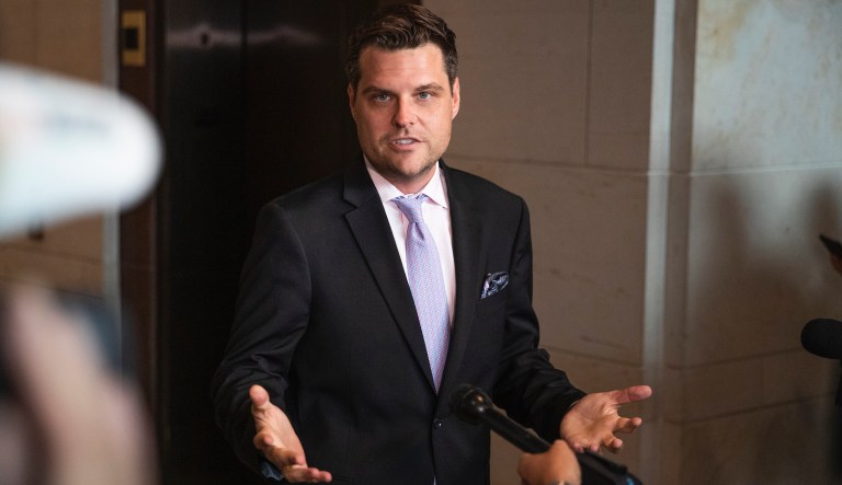 Rep. Matt Gaetz, R-Fla., arrives before President Donald Trump signs the National Defense Authorization Act for Fiscal Year 2020 at Andrews Air Force Base, Md., Friday, Dec. 20, 2019.