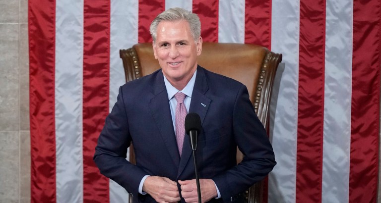 Incoming House Speaker Kevin McCarthy of Calif., pauses before he speaks on the House floor at the U.S. Capitol in Washington, early Saturday, Jan. 7, 2023.