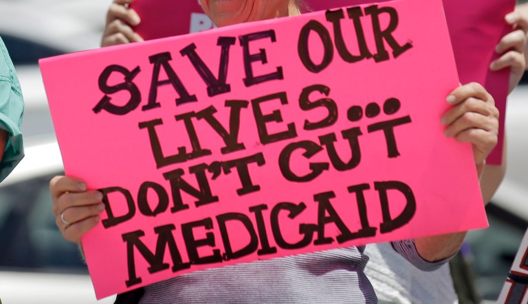 Protesters block a street during a demonstration against a Republican bill in the Senate in 2017 to replace former President Barack Obama's health care law.