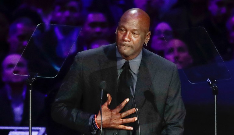 Former NBA player Michael Jordan speaks during a celebration of life for Kobe Bryant and his daughter Gianna Monday, Feb. 24, 2020, in Los Angeles.