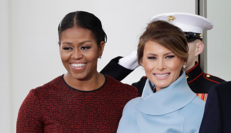 President Barack Obama and first lady Michelle Obama pose with President-elect Donald Trump and his wife Melania at the White House in Washington, Friday, Jan. 20, 2017.