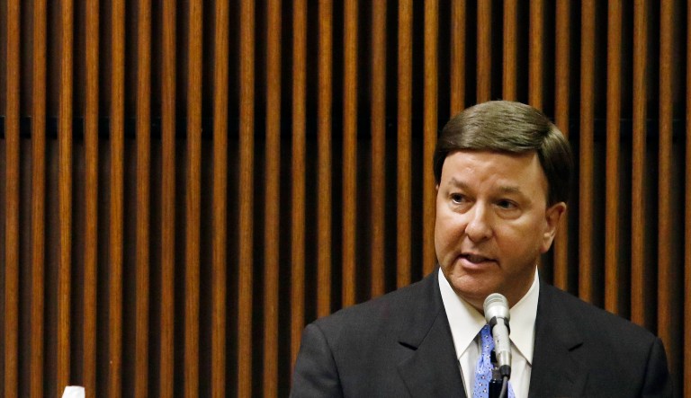 U.S. Rep. Mike Rogers talks as a character witness during former Alabama House Speaker Mike Hubbard ethics trial Friday, July 8, 2016, in Opelika, Ala.