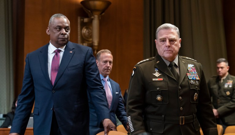 Secretary of Defense Lloyd Austin, left, and General Mark Milley, chairman of the Joint Chiefs of Staff, arrive to testify before the Senate Appropriations Committee on the Department of Defense budget request, on Capitol Hill in Washington, Tuesday, May 3, 2022.                                