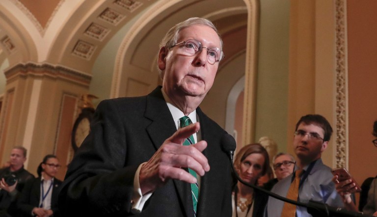 Senate Majority Leader Mitch McConnell, R-Ky., during a news conference at the Capitol in Washington.