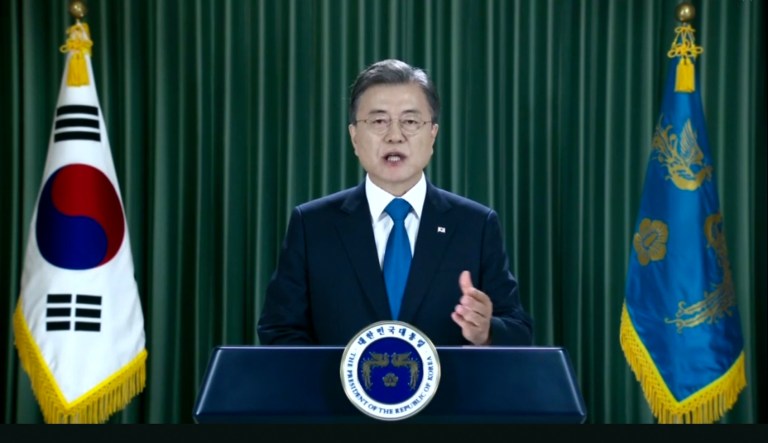 In this image made from UNTV video, Korean President Moon Jae-in speaks in a pre-recorded message which was played during the 75th session of the United Nations General Assembly, Tuesday, Sept. 22, 2020, at UN headquarters.