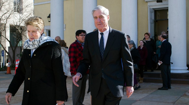 Special counsel Robert Mueller, and his wife Ann, leave St. John's Episcopal Church, across from the White House, after attending morning services, in Washington.