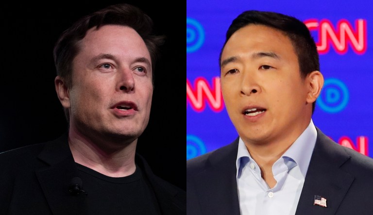 Pictured are Elon Musk, left, and Andrew Yang, right.