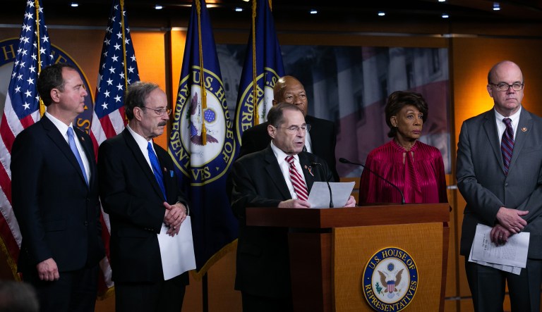 House Judiciary Chairman Chairman Jerry Nadler, D-NY, alongside other House democrats, speaks at a news conference on an approved measure authorizing the Judiciary Committee to take Attorney General William Barr to federal court to gain access to special counsel Robert Mueller's unredacted report and underlying evidence.