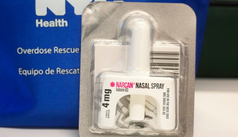 In this May 10, 2018 photo, a Narcan nasal spray dispenser is displayed in New York. 