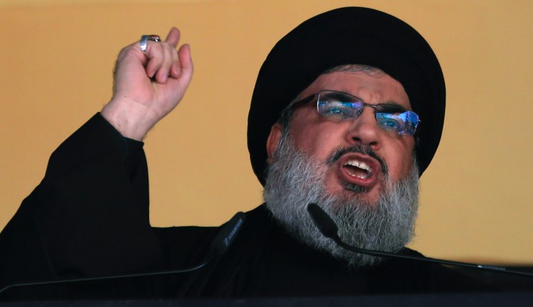 In this October 24, 2015 file photo, Hezbollah leader Sheik Hassan Nasrallah addresses a crowd during the holy day of Ashoura, in a southern suburb of Beirut, Lebanon.
