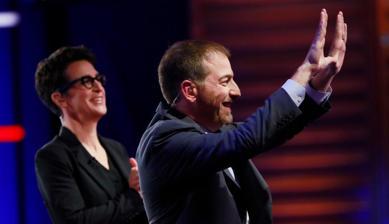 Chuck Todd, NBC News Political Director, and Rachel Maddow, MSNBC host, call for a pause during a Democratic primary debate hosted by NBC News at the Adrienne Arsht Center for the Performing Art, Wednesday, June 26, 2019, in Miami.