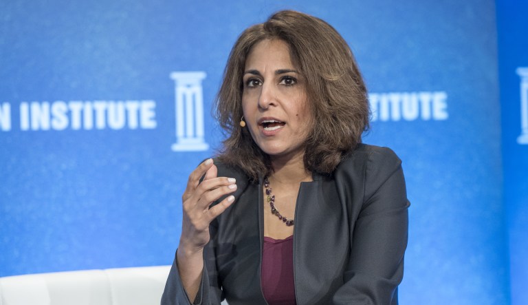 Neera Tanden, president and chief executive officer of Center for American Progress, speaks at the Milken Institute Global Conference in Beverly Hills, California, U.S., on Tuesday, May 2, 2017. The conference is a unique setting that convenes individuals with the capital, power and influence to move the world forward meet face-to-face with those whose expertise and creativity are reinventing industry, philanthropy and media.