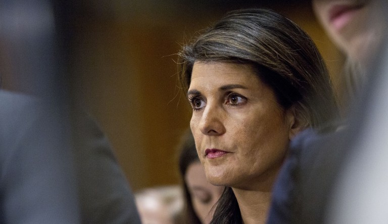 Nikki Haley, U.S. ambassador to the United Nations (UN), attends the Senate Foreign Relations Committee confirmation hearing for Michael Pompeo, director of the Central Intelligence Agency (CIA) and U.S. secretary of state nominee for President Donald Trump, not pictured, in Washington, D.C., U.S., on Thursday, April 12, 2018. Pompeo was pressed by Senators to give the president independent advice on foreign policy hot spots should he be confirmed as the next secretary of state.