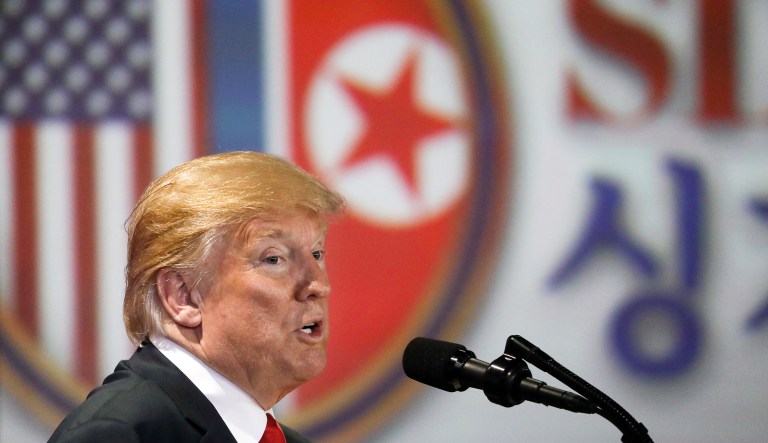U.S. President Donald Trump speaks during a news conference following the DPRK-USA Singapore Summit in Singapore, on Tuesday, June 12, 2018. The U.S. and North Korea agreed to seek complete denuclearization of the Korean peninsula following a historic summit between TrumpÂ andÂ North KoreanÂ leader Kim Jong Un, yet the accord set no deadline and left the path to disarmament undefined.