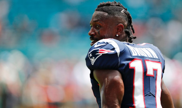 New England Patriots wide receiver Antonio Brown (17) stands on the sidelines, during the first half at an NFL football game against the Miami Dolphins, Sunday, Sept. 15, 2019, in Miami Gardens, Fla. 