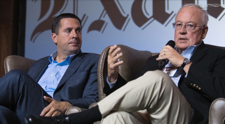 Rep. Devin Nunes, R-Calif., and Ken Starr, former U.S. solicitor general, engage with audience members on the Mueller investigation at the Washington Examiner's political summit at Sea Island, Georgia.