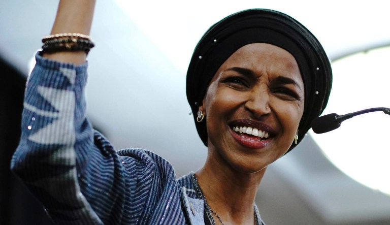 Ilhan Omar delivers her victory speech to supporters in a packed ballroom Tuesday, Nov. 6, 2018, in Minneapolis. Omar is poised to become the first Somali-American elected to Congress, representing Minnesota's Fifth District.