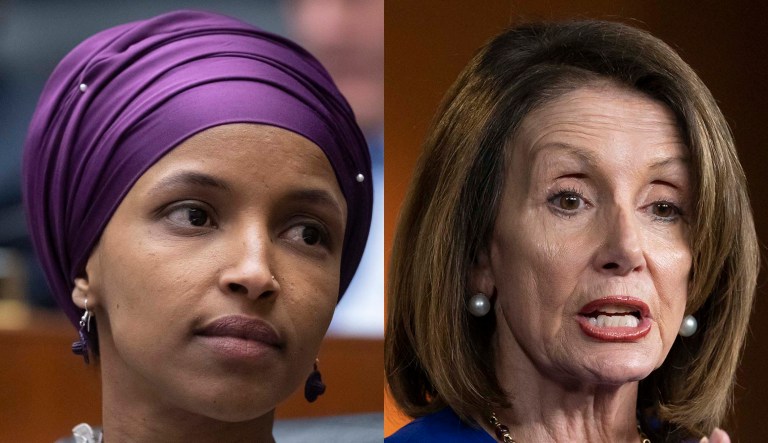 Ilhan Omar and Nancy Pelosi are pictured.