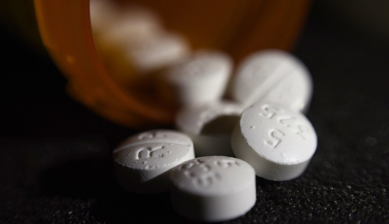 This Tuesday, Aug. 15, 2017 photo shows an arrangement of pills of the opioid oxycodone-acetaminophen in New York. Abuse of painkillers, heroin, fentanyl and other opioids across the country has resulted in tens of thousands of children being taken from their homes and placed in the foster care system.