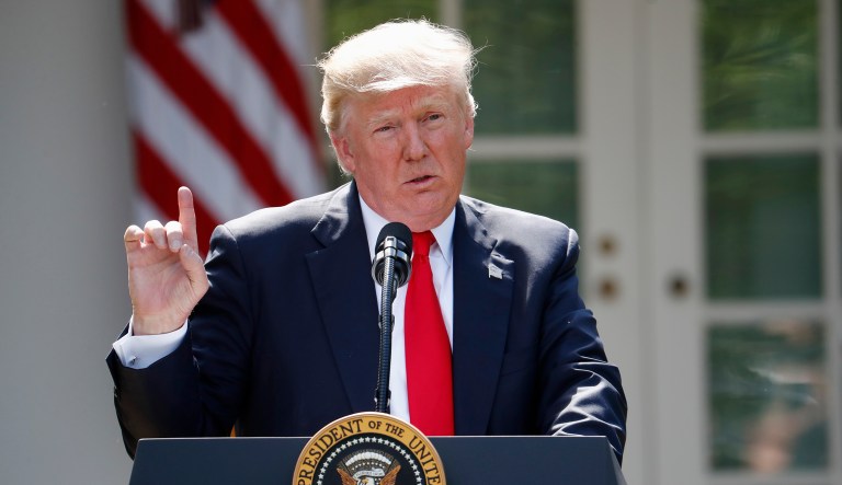 President Donald Trump speaks in August 2017 about the U.S. role in the Paris climate change accord in the Rose Garden of the White House in Washington. The Trump Administration is officially telling the United Nations that the U.S. intends to pull out of the 2015 Paris climate agreement. 