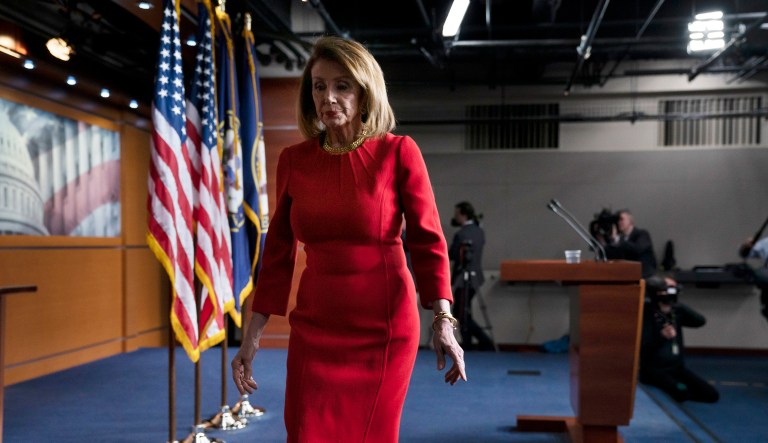 Speaker of the House Nancy Pelosi, D-Calif., finishes a news conference after insisting Attorney General William Barr send to Congress the full report by special counsel Robert Mueller on the Russia probe with all its underlying evidence, during a news conference on Capitol Hill in Washington, Thursday, April 4, 2019.