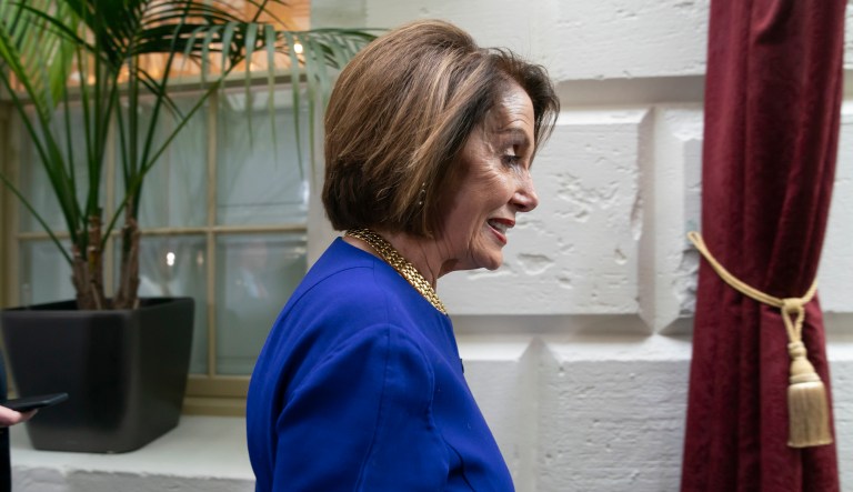 Speaker of the House Nancy Pelosi, D-Calif., arrives to meet with all the House Democrats, many calling for impeachment proceedings against President Donald Trump after his latest defiance of Congress by blocking his former White House lawyer from testifying yesterday, at the Capitol in Washington, Wednesday, May 22, 2019.
