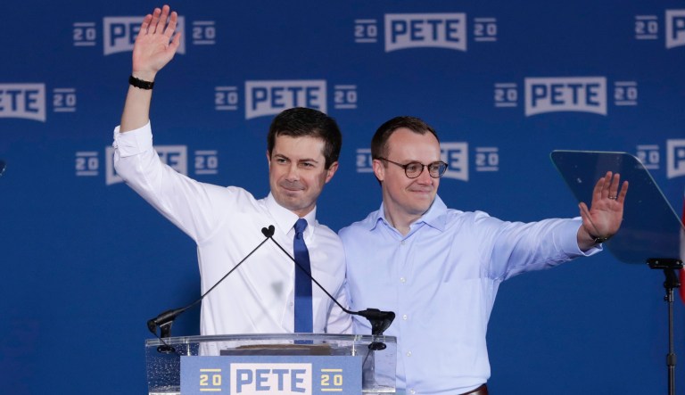 Pete Buttigieg is joined by his husband Chasten Glezman before he announced that he will seek the Democratic presidential nomination during a rally in South Bend, Ind., Sunday, April 14, 2019. Buttigieg, 37, is serving his second term as the mayor of South Bend.