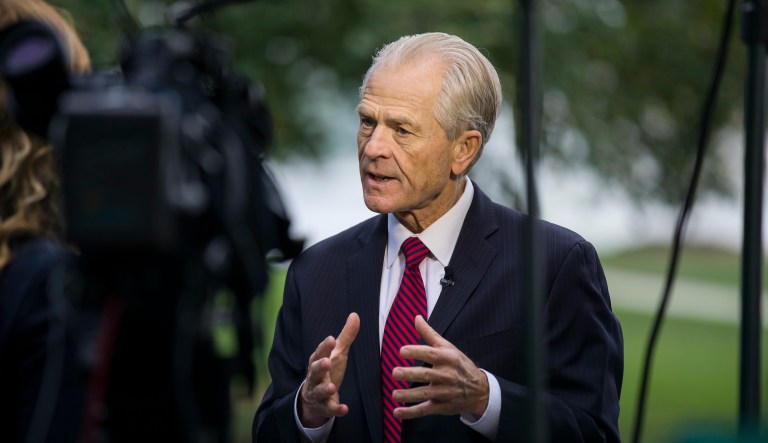 Peter Navarro, director of the National Trade Council, speaks during a Bloomberg Television interview outside the White House in Washington, D.C., U.S., on Wednesday, March 28, 2018. Navarro said the Trump administration's tariffs on China will focus on high-tech industries where Beijing wants to lead.