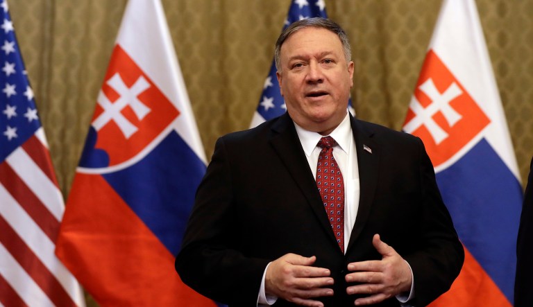 US Secretary of State Mike Pompeo addresses the media during his visit to Bratislava, Slovakia, Tuesday, Feb. 12, 2019. Pompeo is in Slovakia on the second leg of a five-nation European tour that began in Hungary and will take him to Poland, Belgium and Iceland.