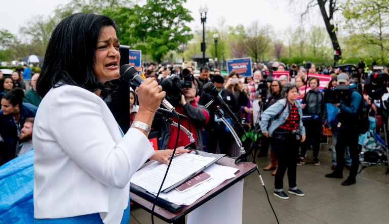 Rep. Pramila Jayapal, D-Wash, speaks at an anti-Muslim ban rally outside the Supreme Court as the court hears arguments about wether President Donald Trump's ban on travelers from several mostly Muslim countries violates immigration law or the Constitution, Wednesday, April 25, 2018, in Washington.
