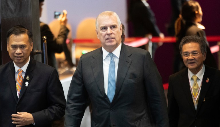 Britain's Prince Andrew, the Duke of York, arrives at ASEAN Business and Investment Summit (ABIS) in Nonthaburi, Thailand, Sunday, Nov. 3, 2019.