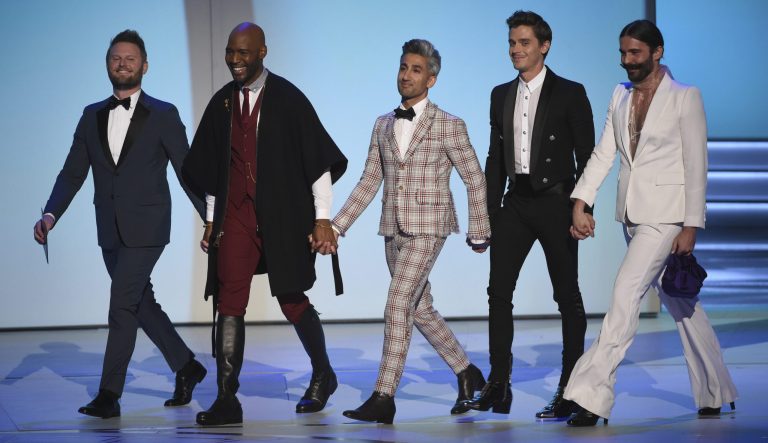 Bobby Berk, from left, Karamo Brown, Tan France, Antoni Porowski and Jonathan Van Ness, cast members from the television series "Queer Eye," present the award for outstanding lead actor in a drama series at the 70th Primetime Emmy Awards on Monday, Sept. 17, 2018, at the Microsoft Theater in Los Angeles. 
