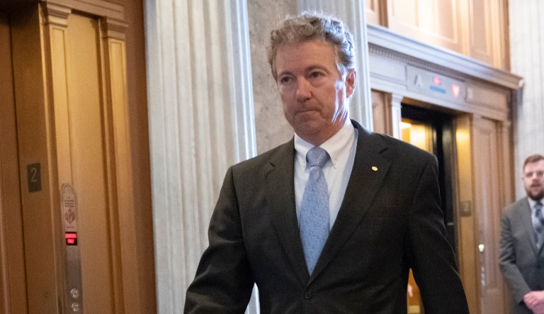 Sen. Rand Paul, R-Ky., walks to the Senate as an 11th-hour Republican rescue mission to keep President Donald Trump from a Senate defeat on his signature issue of building barriers along the southwest border seems near collapse, at the Capitol in Washington, Wednesday, March 13, 2019.