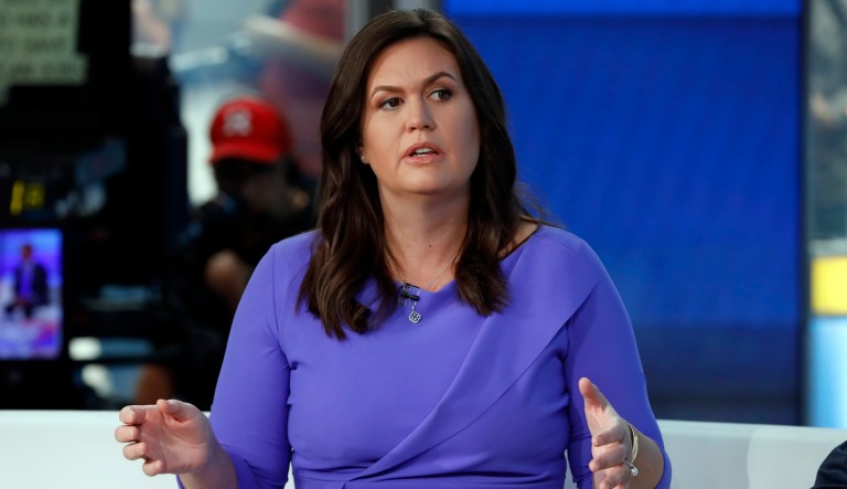 Fox News contributor Sarah Huckabee Sanders makes her first appearance on the "Fox & friends" television program in New York, Friday, Sept. 6, 2019. Sanders has been hired to provide political commentary and analysis across all Fox News properties, including Fox News Channel, Fox Business Network and the radio and podcast division.