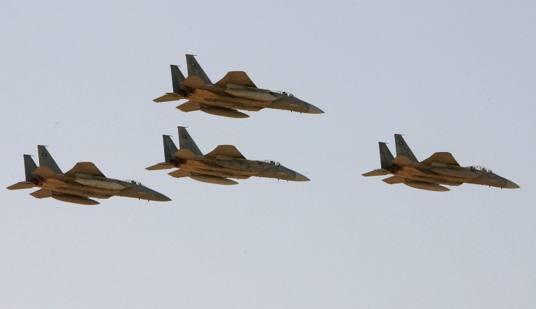In this photo taken Sunday, Jan. 25, 2009, F-15 warplanes of the Saudi Air Force fly over the Saudi Arabian capital Riyadh during a graduation ceremony at King Faisal Air Force University. According to Arab diplomats speaking on condition of anonymity, Saudi Arabian Tornado and F-15 warplanes have bombarded targets inside Yemen since Wednesday afternoon, inflicting significant casualties on the Yemeni Shiite rebels.