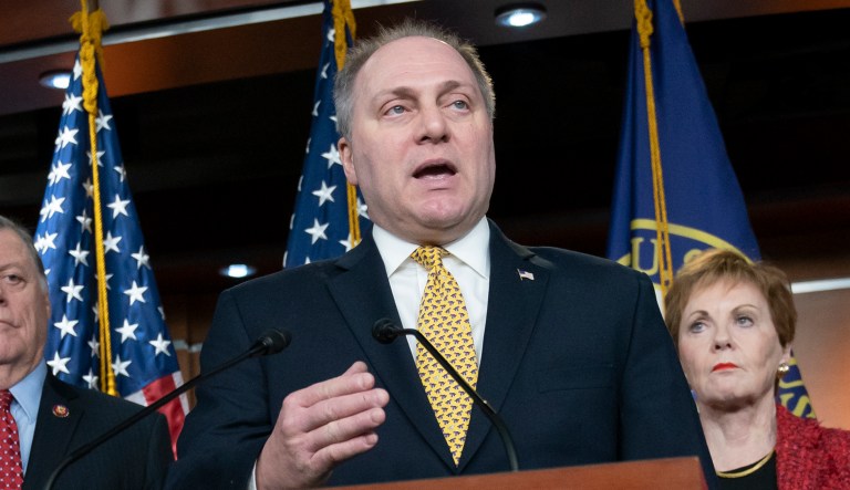 House Minority Whip Steve Scalise, R-La., joined from left by Rep. Tom Cole, R-Okla., Rep. Kay Granger, R-Texas, and House Minority Leader Kevin McCarthy of Calif., as he renewed his criticism of the Democratic leadership for not stripping Rep. Ilhan Omar, D-Minn., from the Foreign Affairs Committee in the wake of anti-semitism accusations, during a news conference at the Capitol in Washington, Wednesday, Feb. 13, 2019.