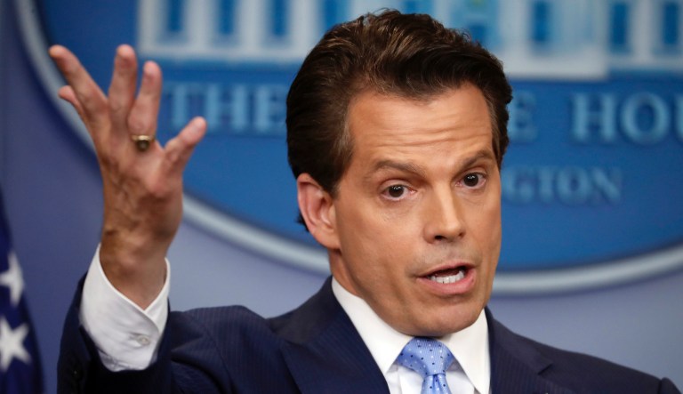 White House communications director Anthony Scaramucci gestures as he answers questions during the press briefing in the Brady Press Briefing room of the White House in Washington, Friday, July 21, 2017. 
