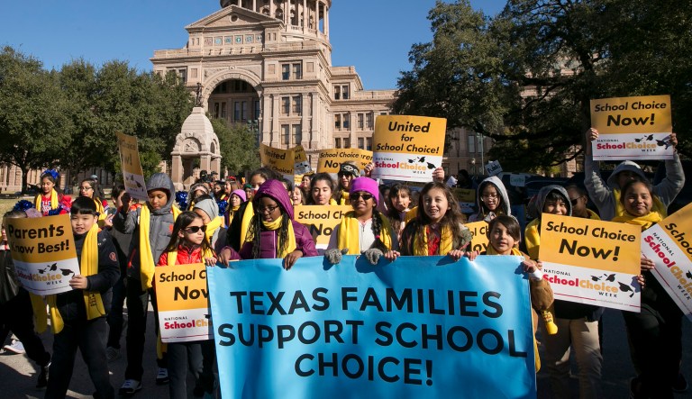Students march at the Texas School Choice Rally at the Capitol in Austin, Texas, on Wednesday, Jan. 23, 2019. Hundreds of parents and students from around Texas gathered at the south steps of the Capitol to rally for school choice.